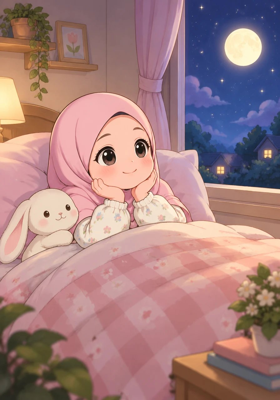 As night falls, Fiyya snuggles under her soft blanket and looks out at the glowing moon and stars. With a peaceful smile, she reflects on all of Allah's wonderful gifts throughout her day. Wrapped in comfort and faith, she drifts into sweet and gentle dreams.