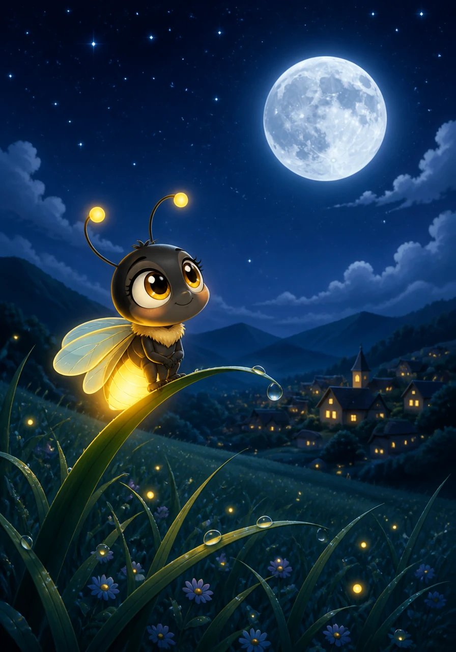 In a quiet meadow tucked beside a sleepy village, a tiny firefly named Lumi rested on a blade of grass. As the radiant full moon showered the valley in silvery light, Lumi flickered her humble golden spark with a soft sigh. She often felt small and ordinary compared to the majestic stars glowing high above.