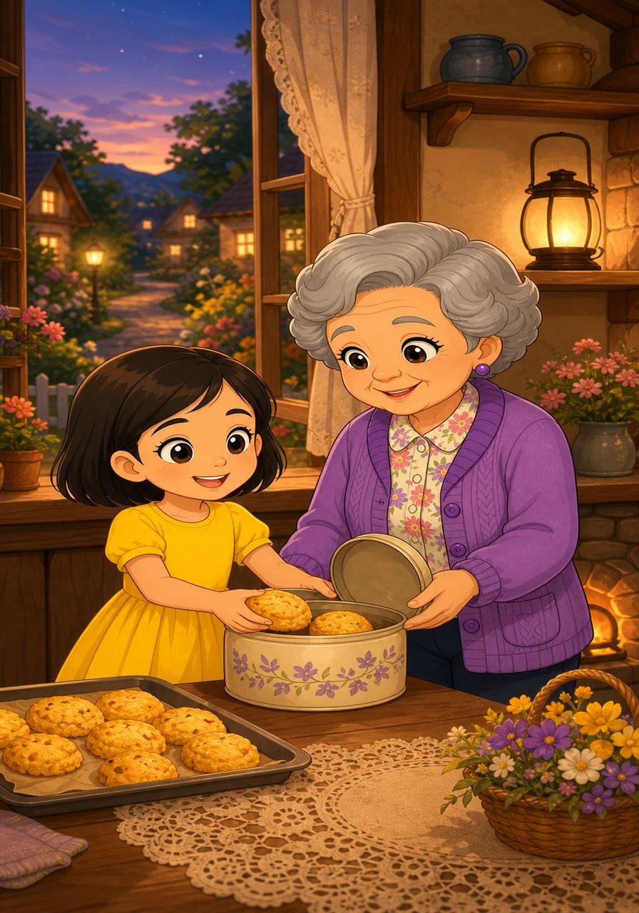 Down in the village, seven-year-old Mira in her bright yellow dress helped Grandma Hana put away warm baked treats. The cozy lanterns shone through the windows, casting a welcoming glow across the blooming garden. Mira smiled happily, excited to run a quick evening errand through the peaceful neighborhood path.