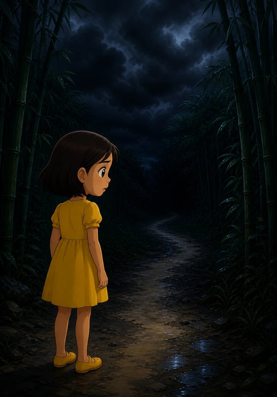 Suddenly, heavy storm clouds rolled across the midnight sky, completely swallowing the gentle rays of the moon. Darkness stretched over the village, and the whispering bamboo forest became shadowy and confusing. Lost along the dim trail, young Mira paused, her eyes wide with worry as the path vanished.