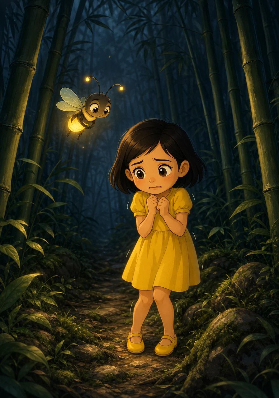 Fluttering near the treeline, Lumi heard a soft, quiet sniffling echoing among the tall bamboo stalks. Peering through the gloom, she spotted little Mira trembling on the wrong trail. Lumi knew someone needed help, even if her own light was just a modest flicker.