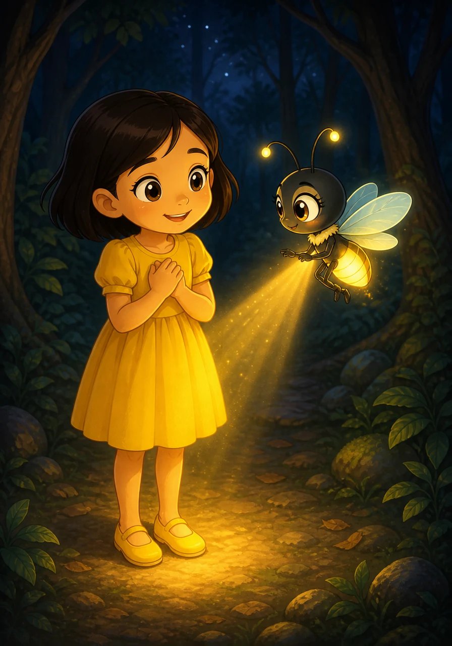 Gathering all her courage, Lumi hovered down right in front of the lost girl. Her warm golden beam illuminated the ground around Mira's shiny shoes. Surprised and relieved, Mira looked up at the tiny firefly and smiled softly, knowing she was no longer alone.