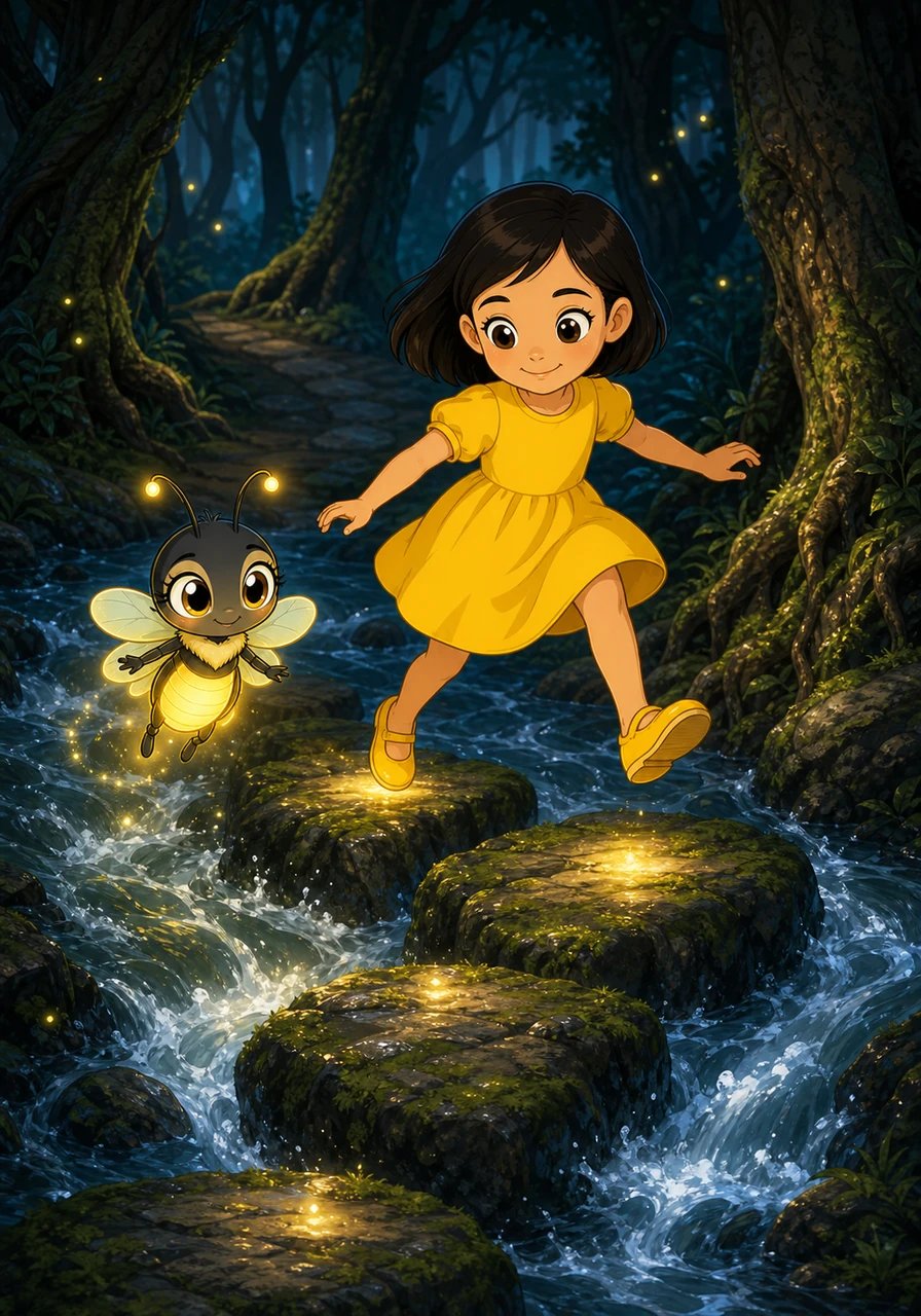 Together, they navigated the winding path near a rushing stream where slippery moss covered the stepping stones. Lumi floated low, casting her brave spark on each stone so Mira could leap safely across the gurgling water. Step by cautious step, the dark forest seemed far less scary.