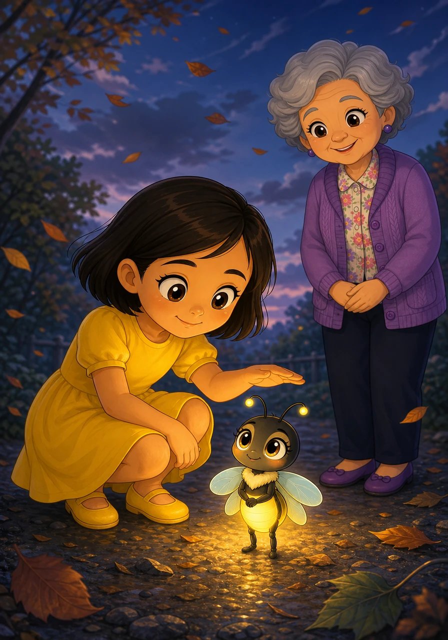 A chilly gust of wind rustled the leaves, blowing hard enough to almost extinguish Lumi's gentle glow. Lumi shivered with doubt, wondering if her tiny light was strong enough to lead them all the way home. But when Mira reached out a protective hand to shelter her from the breeze, Lumi felt a rush of warm determination.