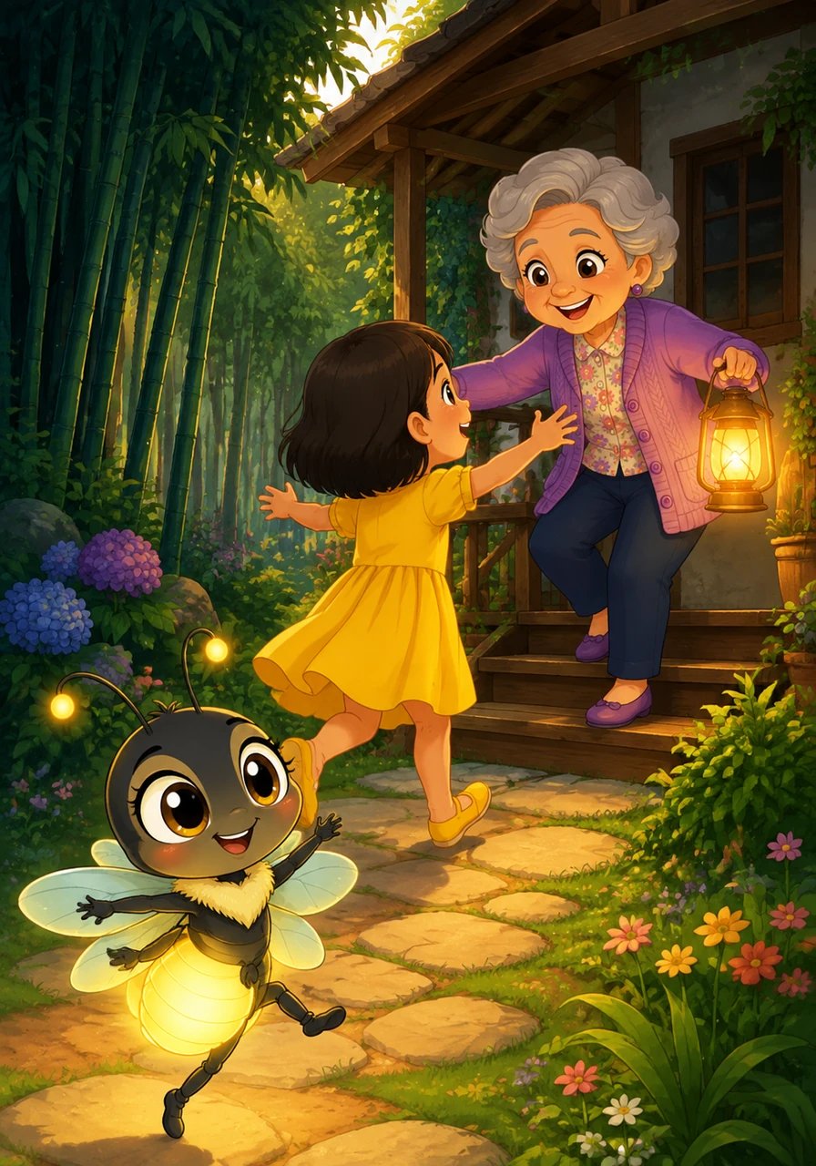 With renewed strength, Lumi danced happily ahead, leading Mira out of the shadowy bamboo forest and into her familiar garden. Grandma Hana stood on the cottage porch holding a glowing lantern, gasping with joy as she rushed down the steps to embrace her granddaughter.
