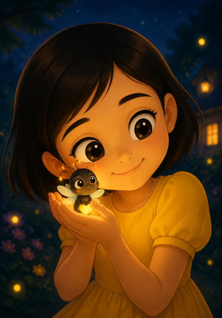 Mira gently cradled Lumi in her hands, holding the little firefly close to her cheek. She whispered heartfelt thanks to her brave guide, assuring Lumi that her bright spirit had saved the night. Lumi felt her heart swell with pride, realizing her small light had made a big difference.
