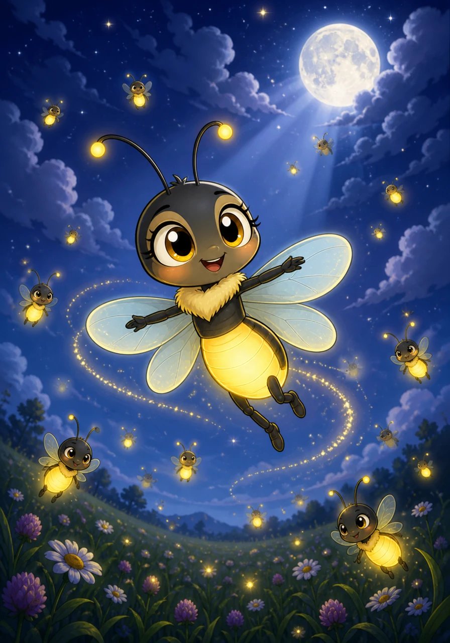 The storm clouds drifted away, allowing the shimmering moon to peep back out and cast a gentle beam over the meadow. Lumi fluttered up into the cool night air, twirling among her firefly friends with vibrant new confidence. She didn't need to be as bright as the moon to bring warmth and hope to the world.