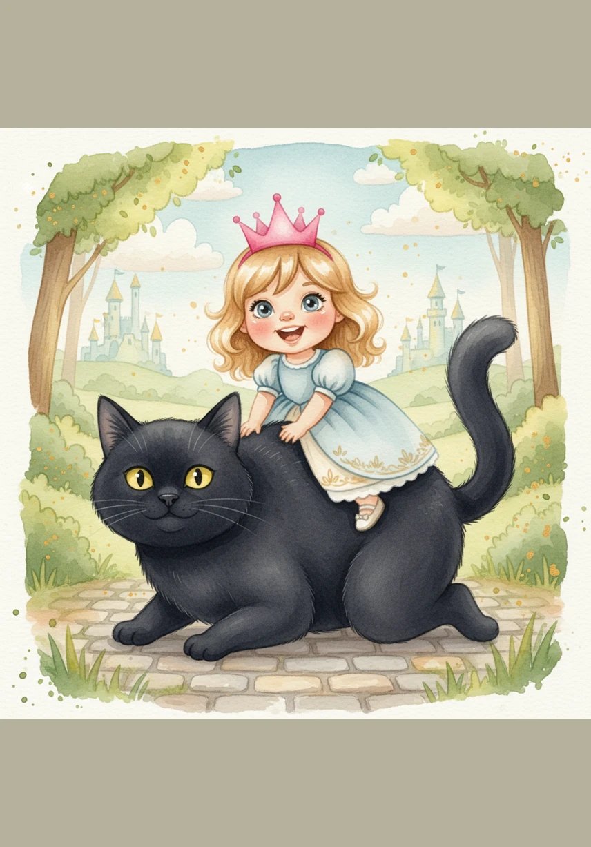 The big cat, named Midnight, kneels down so Pip can climb onto his back. His fur is as soft as a cloud and very warm. Together, they start their journey through the kingdom.