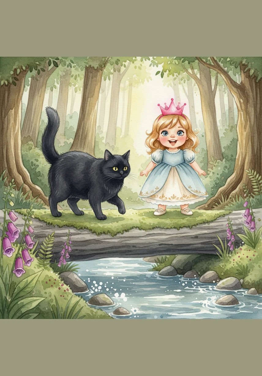 To cross the water, Midnight walks carefully across a big, mossy log. Pip holds on tight to his silky fur and feels very brave. They make it safely to the other side.