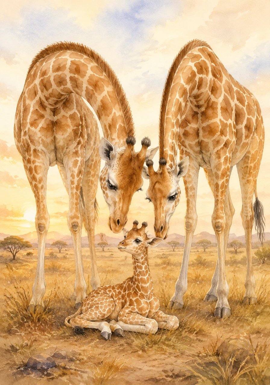 In the golden hush of the savanna bright, as the sun stretched softly with morning light, a tiny giraffe was born that day, his name was Azariya, hooray!