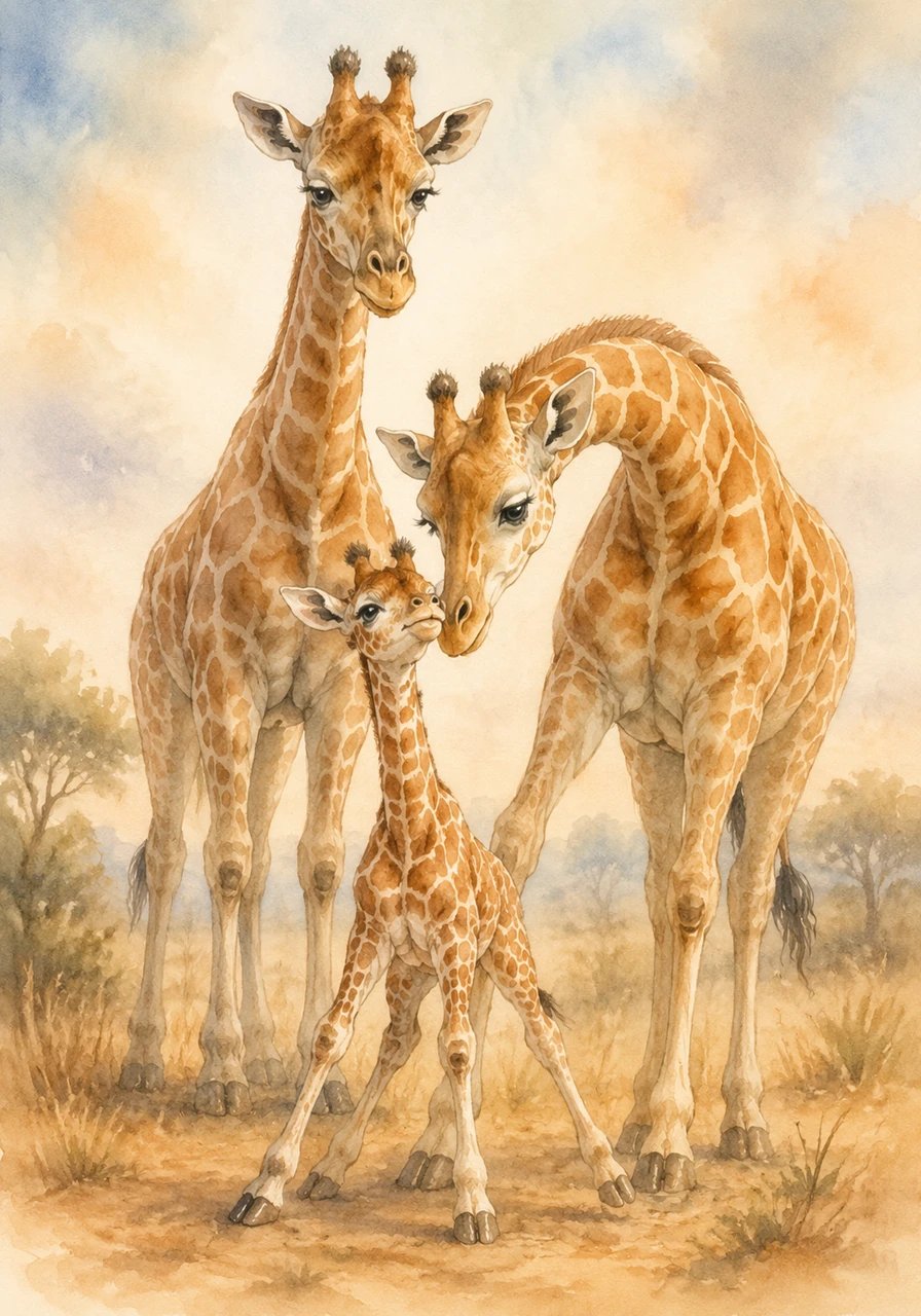 With wobbly legs, he gave a try, reaching his neck up oh so high. His mama stayed near, his papa stood tall, ready to catch him if he should fall.