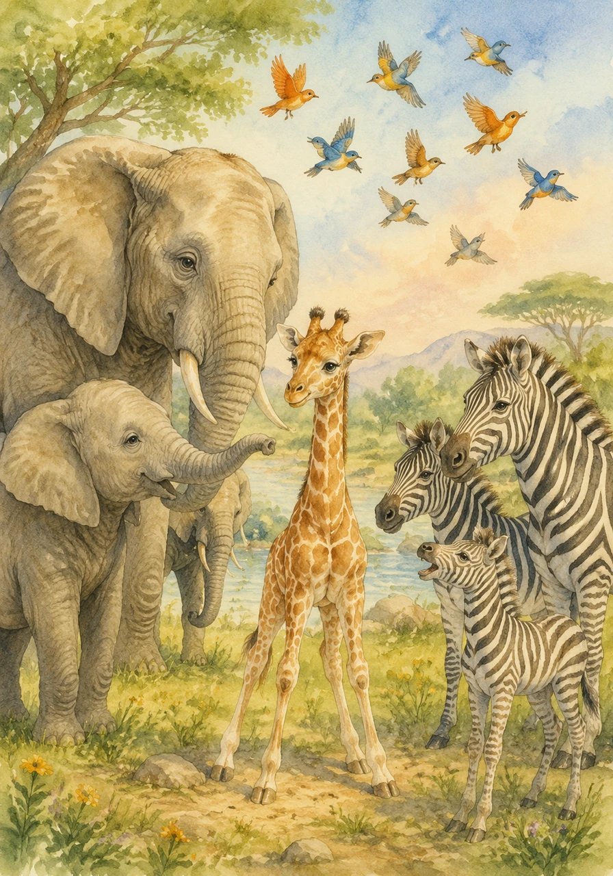 He met kind elephants, big and wise, the playful zebras, a joyful surprise. Little birds fluttered in skies above, filling his world with songs and love.