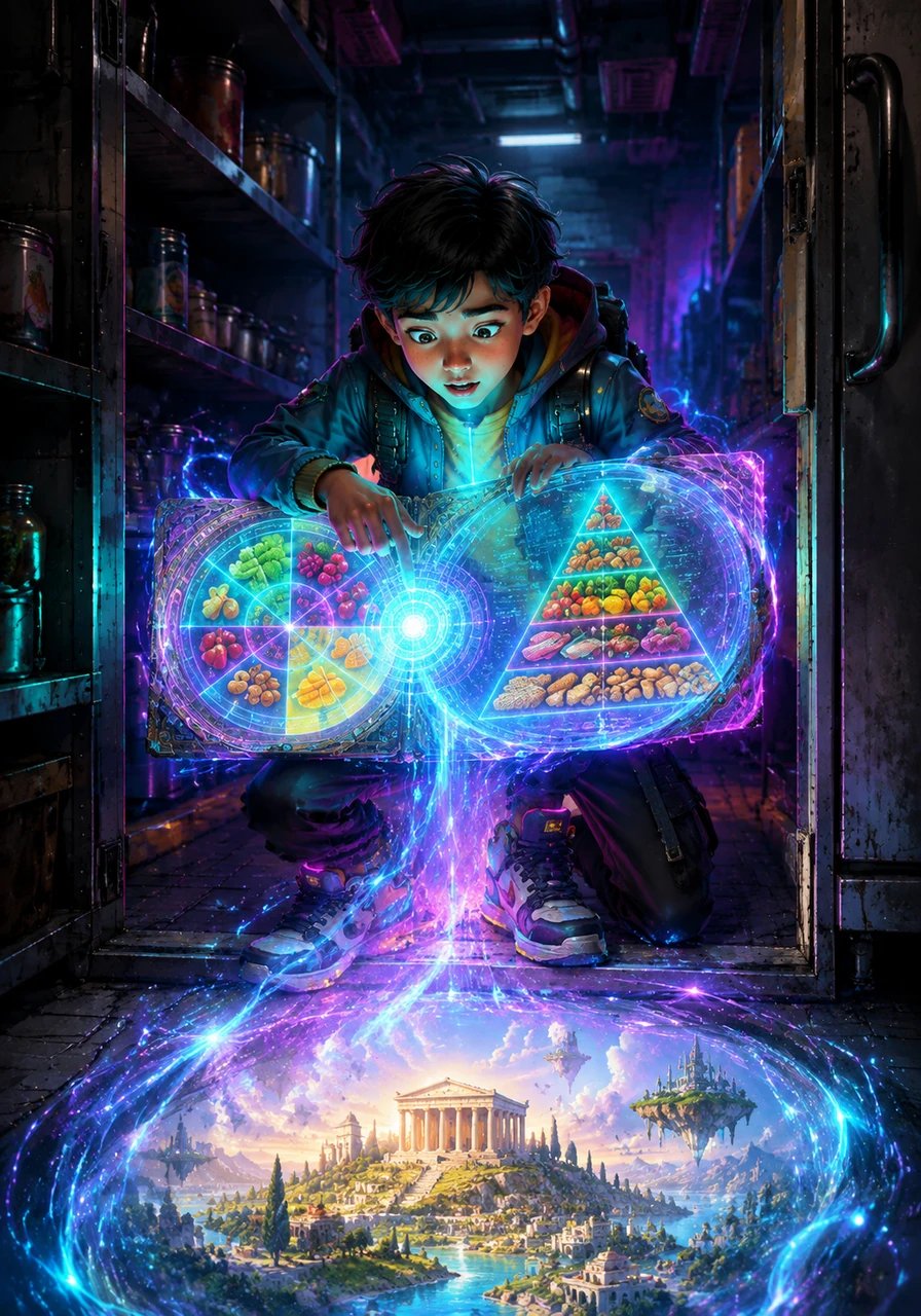 Leo discovers a glowing, ancient map hidden inside his school kitchen pantry called the Nutri-Compass. The magical chart vividly displays a colorful Food Wheel on one side and a grand Mediterranean Pyramid on the other, pulsing with energy. Intrigued by the shifting symbols, Leo touches the center and is instantly pulled into a vibrant new world.