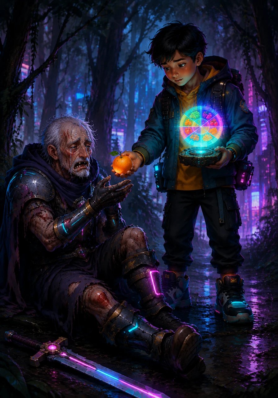 In a shadowy forest, Leo encounters a weakened knight named Sir Scurvy, who is weeping because his gums are bleeding and his wounds will not heal. Leo looks at his Nutri-Compass and realizes the knight has been deprived of fresh citrus fruits for months, causing a severe lack of Vitamin C. Leo offers him a bright, juicy orange, and the knight slowly begins to regain his strength.