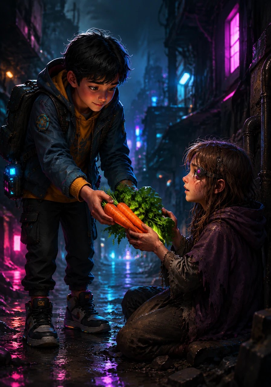 Continuing his journey, Leo meets a young villager named Clara who is stumbling in the dim twilight because she cannot see in the dark. Recognizing the signs of night blindness caused by a deficiency in Vitamin A, Leo reaches into his pack for a handful of sweet carrots and spinach. As Clara eats, her eyes adjust to the shadows, and she thanks him for restoring her sight.