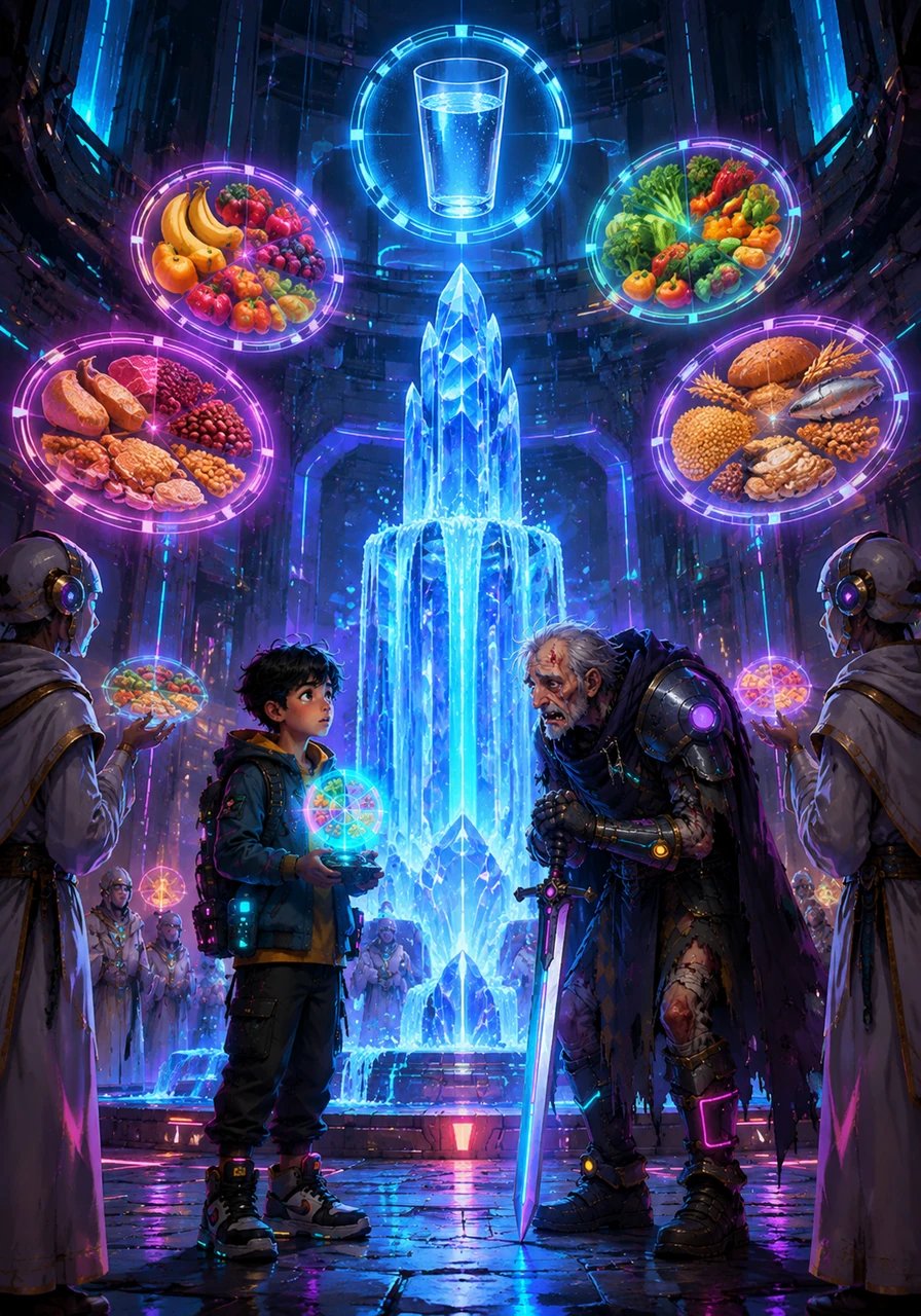Leo climbs to the central summit where the grand Food Wheel Temple stands, illustrating how different food groups must be proportioned daily. At the heart of the temple flows a massive crystalline fountain representing water, the ultimate transporter of nutrients and regulator of temperature. The temple priests explain that hydration is the foundation that keeps all bodily systems flowing smoothly.