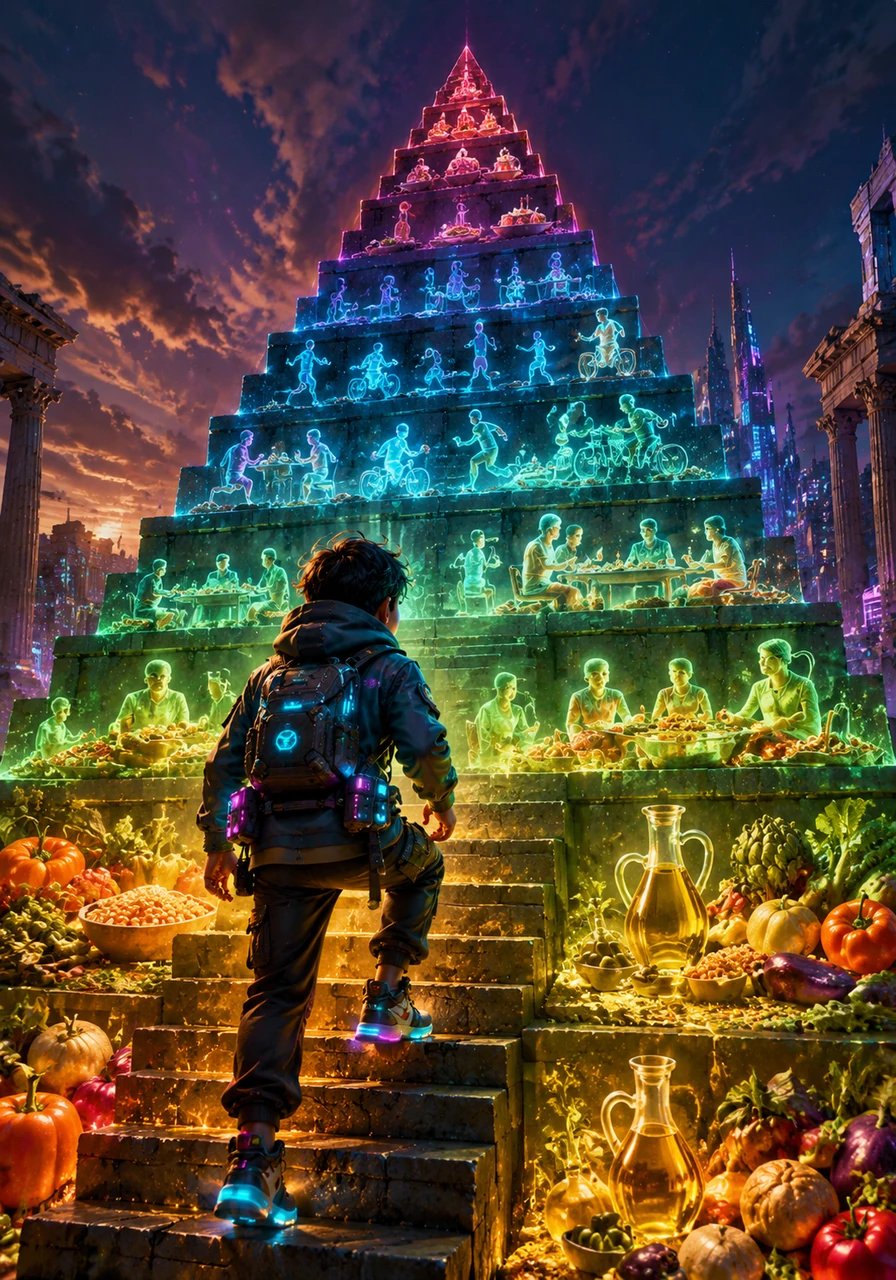 Next, Leo scales the majestic Mediterranean Pyramid, noticing that its wide, sturdy base is built upon daily physical activity and social meals shared with family. The lower tiers are filled with colorful vegetables, whole grains, and golden olive oil, while red meats and sugary sweets are tucked away at the very peak. Leo understands that this structure represents a sustainable lifestyle of balance and tradition.