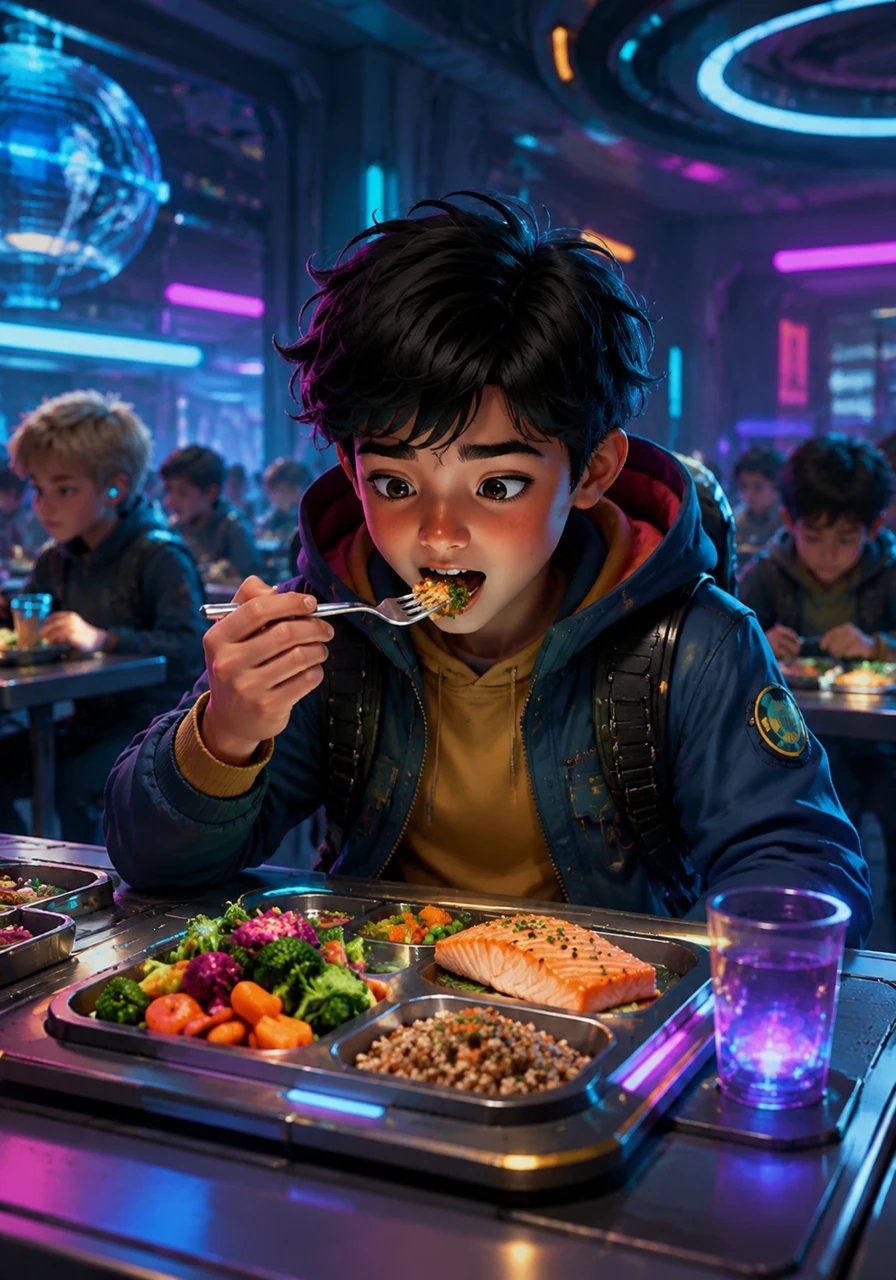 Armed with his newfound knowledge, Leo returns to the real world just as the school lunch bell rings. He looks at his cafeteria tray with fresh eyes, carefully balancing his plate with vibrant vegetables, wholesome grains, and lean fish. As he takes his first bite, he feels a surge of vitality, knowing exactly how each bite benefits his body.