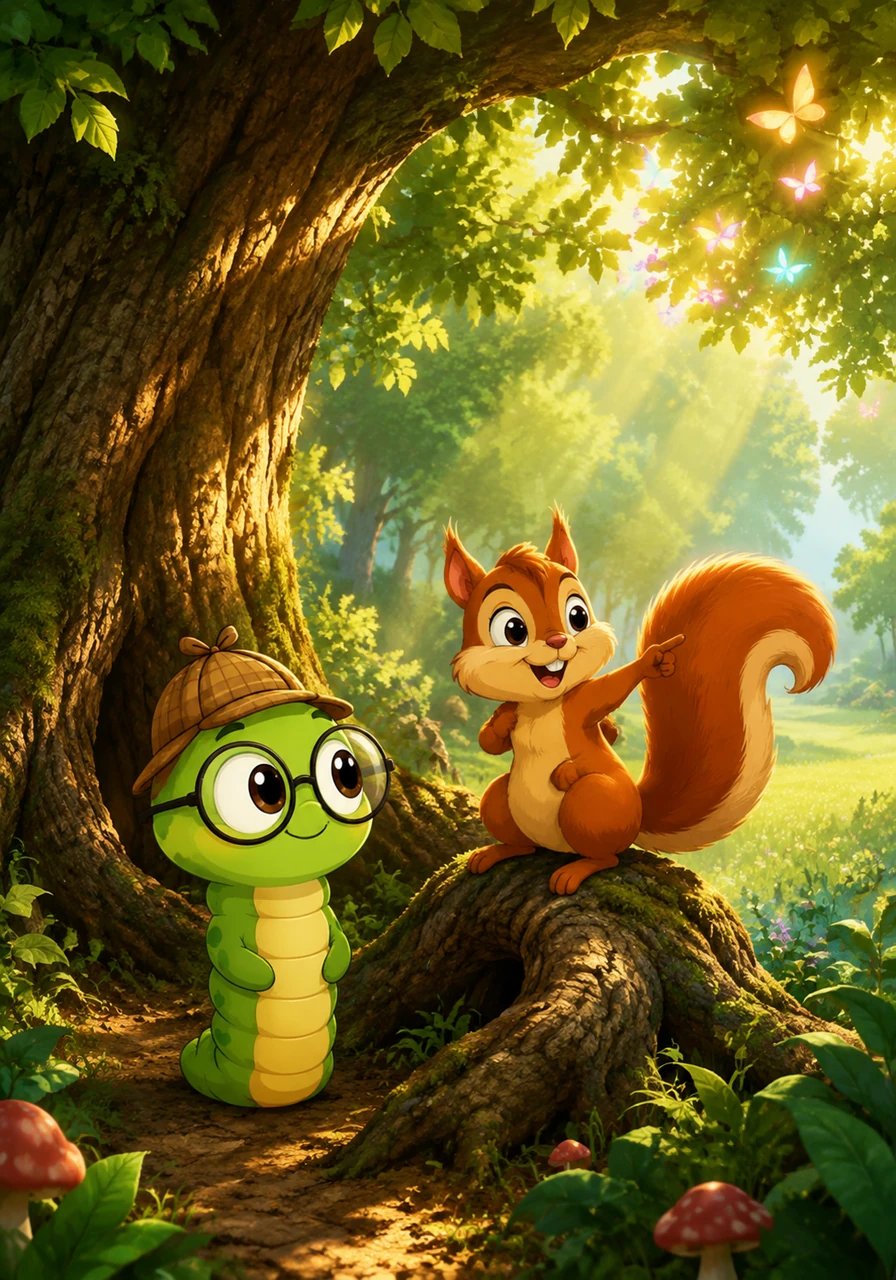 Unter einer großen Eiche traf Theo auf ein freundliches Eichhörnchen, das aufgeregt mit dem Schwanz wippte. Das Eichhörnchen erzählte, dass viele bunte Buchstaben wie Schmetterlinge durch die Wipfel geflogen seien. Es zeigte mit der Pfote in Richtung der sonnigen Waldwiese.