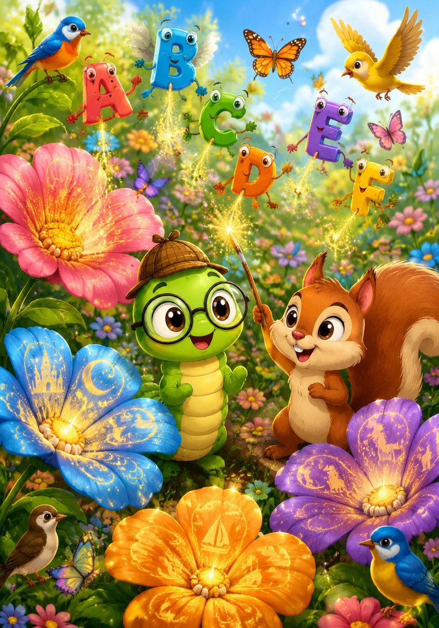 Den ganzen Nachmittag verbrachten Theo und die Buchstaben damit, lustige Sätze auf die bunten Blumenblüten zu zaubern. Sogar die Schmetterlinge und Vögel kamen herbei, um dem fröhlichen Geschichtenerzählen zuzuhören. Die Wiese erstrahlte in bunten Farben und voller Fantasie.