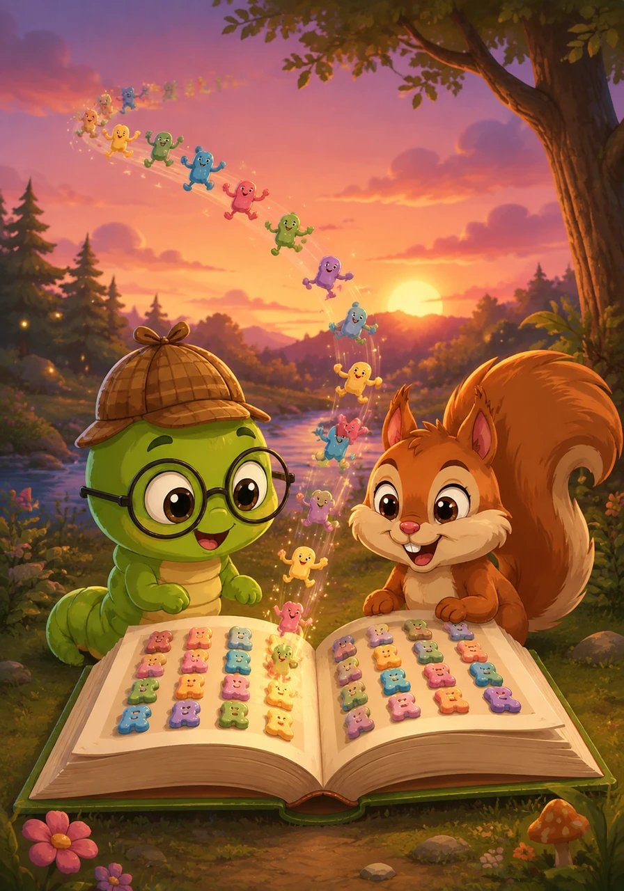 Als die Sonne langsam unterging und der Himmel sich rosa färbte, wurden die Buchstaben müde vom vielen Tanzen. Sie hüpften der Reihe nach und voller Freude zurück in Theos Buch. In glänzenden, ordentlichen Zeilen legten sie sich sanft auf das Papier.