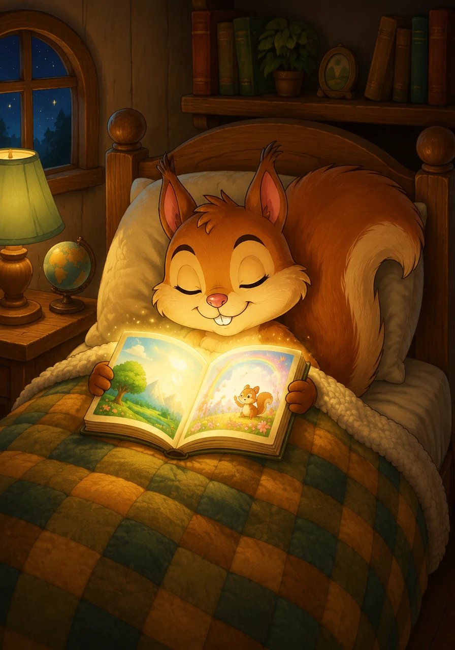 Zurück in seinem gemütlichen Bett kuschelte sich Theo unter seine warme Decke und schlug das Buch wieder auf. Die Seiten waren nun gefüllt mit den schönsten Geschichten und leuchtenden Erinnerungen. Zufrieden schloss der kleine Buchwurm die Augen und träumte von neuen Abenteuern.
