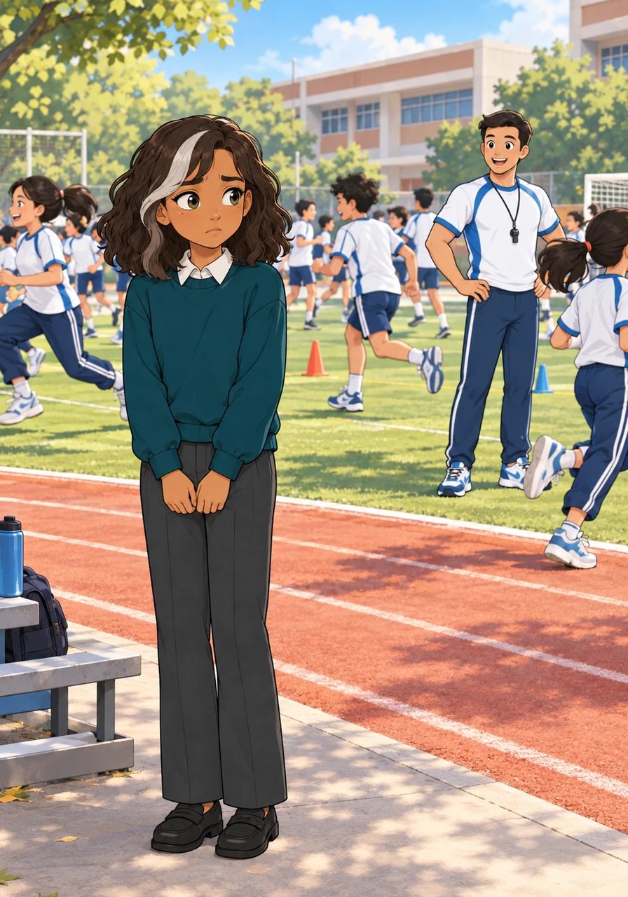 Maya berdiri di pinggir lapangan olahraga sekolahnya dengan rasa ragu dan canggung. Teman-temannya berlari ke sana kemari tanpa arah, membuat kelas pendidikan jasmani terasa sangat riuh dan membingungkan baginya.