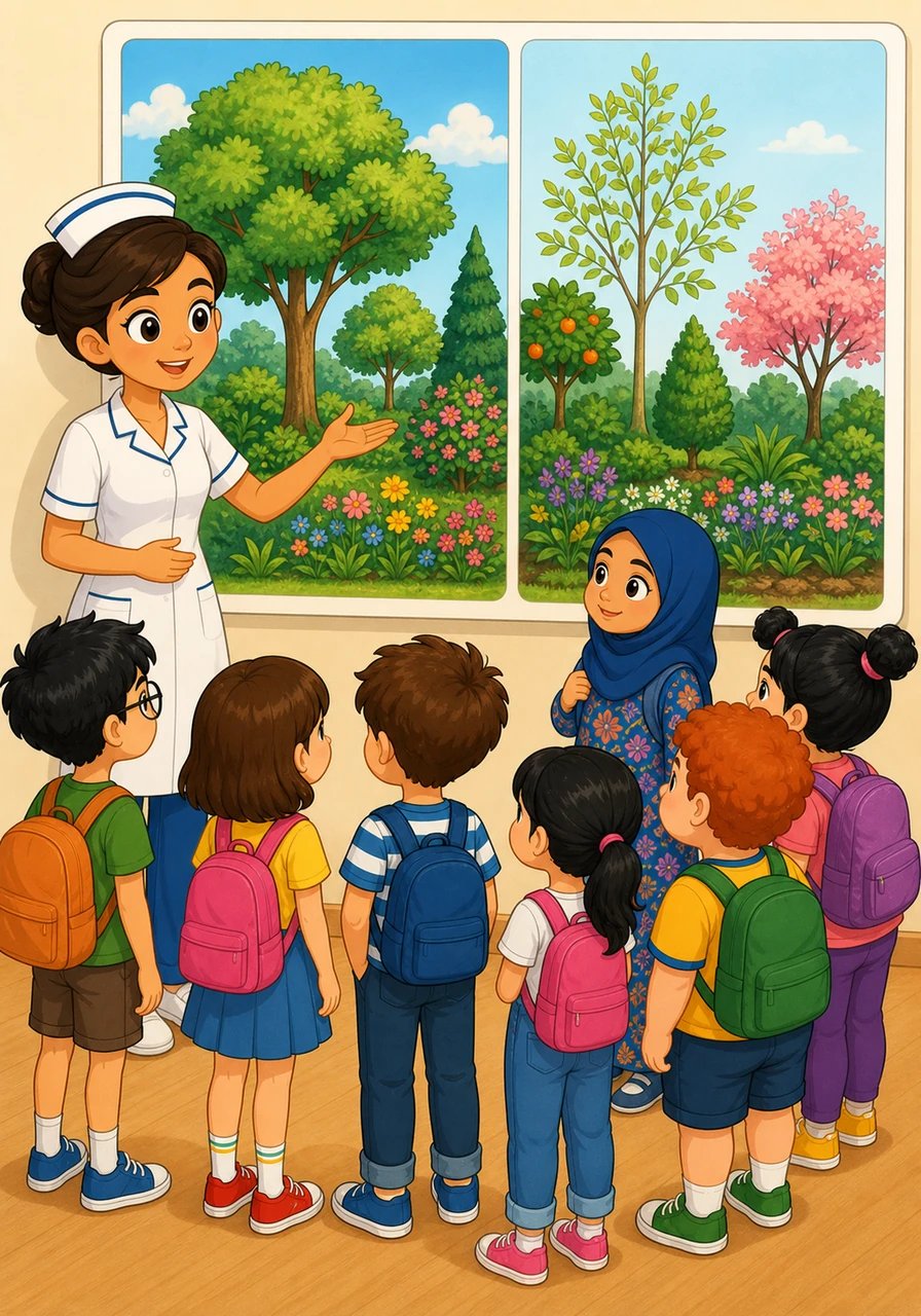 Nurse Clara stood before a large, colorful display showing two flourishing gardens filled with different types of trees. She explained that just like plants in nature, boys and girls grow at their own rhythms and in unique ways. Maya listened intently, watching her classmates nod along to the gentle explanation.