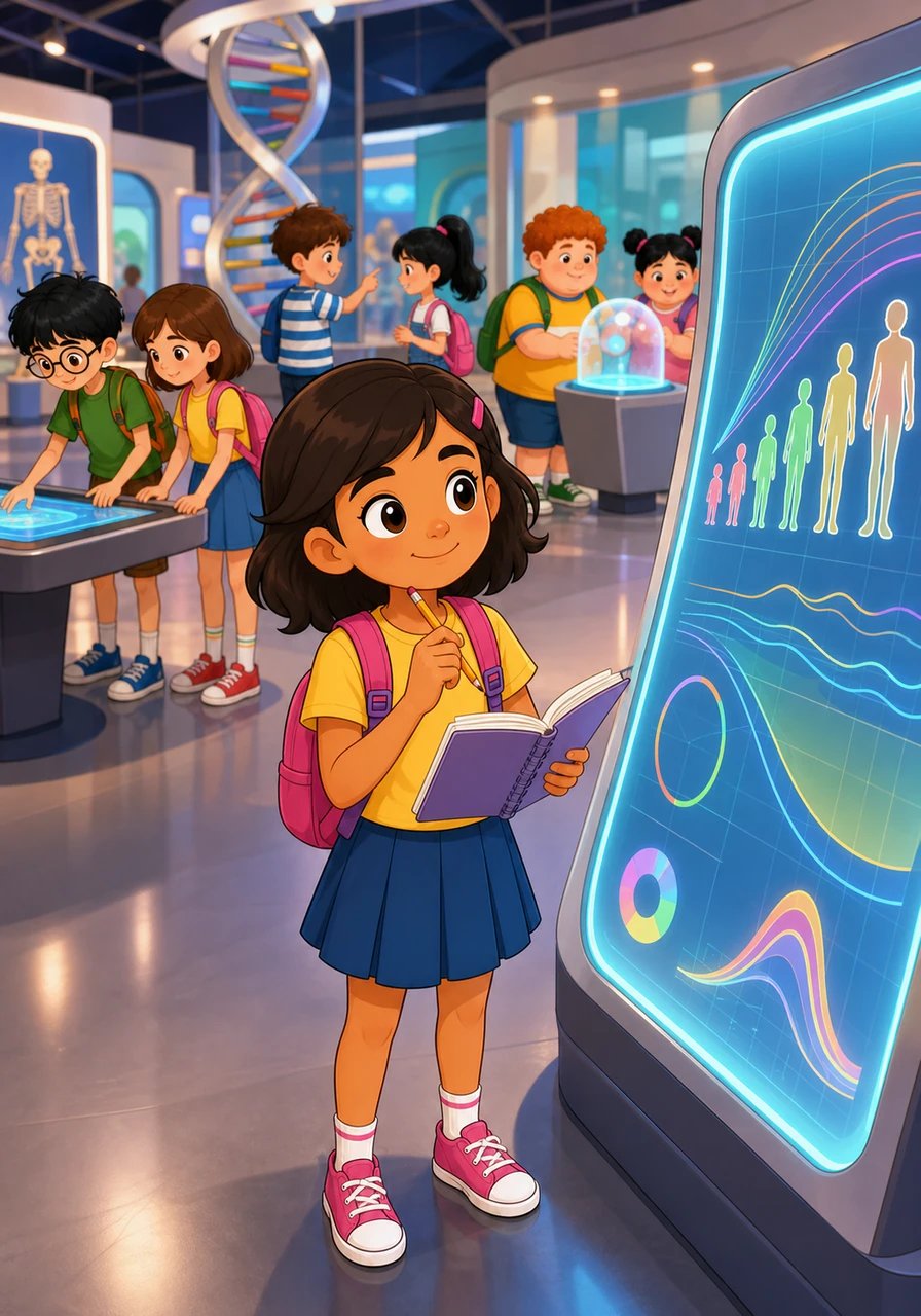 At the science pavilion, Maya studied an interactive chart showing the wide variety of healthy growth paths among boys and girls. The data showed distinct trends between groups, reminding Maya that body types naturally vary across whole communities. Maya sketched the patterns in her journal, understanding that numbers were just clues, not definitions of who they were.