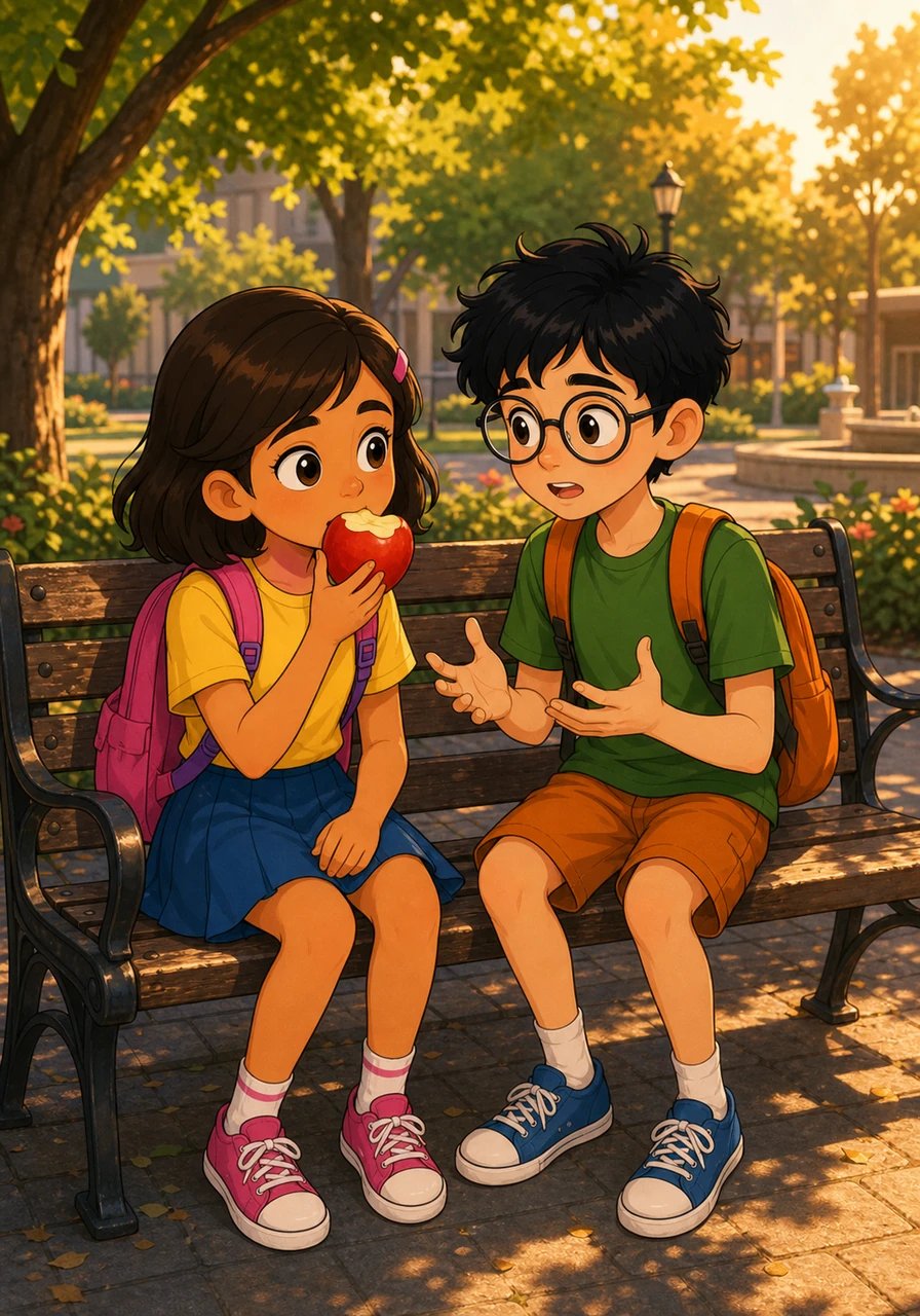 Later that afternoon, Maya sat on the bench with her classmate Leo, sharing an apple and talking about their daily routines. Leo confessed he felt pressured to constantly build strength, while Maya admitted her friends often compared their meals. Together, they realized how unspoken expectations were subtly guiding how they viewed themselves.
