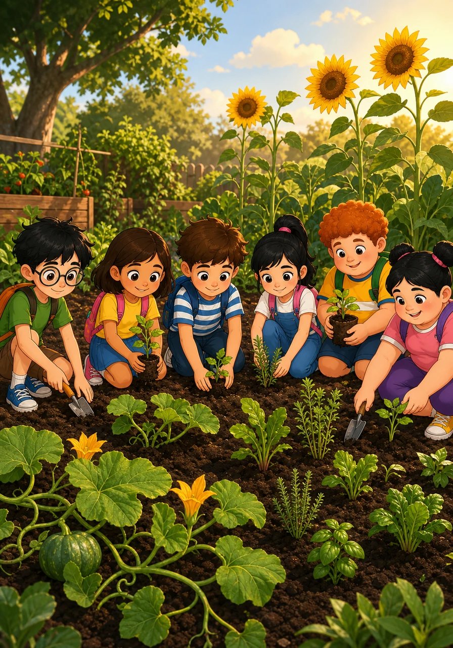 The following afternoon, the children worked together in the rich soil, planting broad pumpkins, tall sunflowers, and slender herbs. As they worked side by side, they noticed how every plant required different amounts of space and care to bloom. The garden quickly became a place where diversity was celebrated in every stem and leaf.