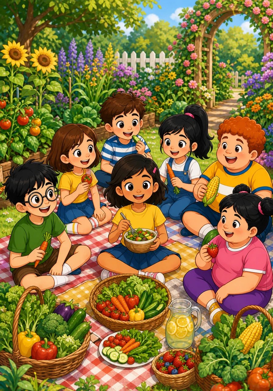 A few weeks later, the garden blossomed into a sanctuary of vibrant vegetables and overflowing flowerbeds. Maya and Leo gathered their classmates for a wholesome picnic made directly from their harvest. Everyone enjoyed the fresh food together, focusing on energy and joy rather than comparisons.