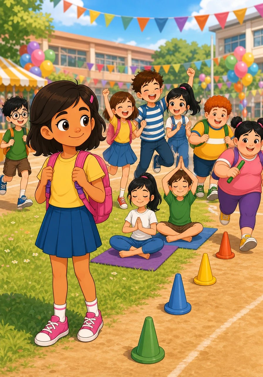 The school hosted a vibrant festival where children engaged in dancing, yoga, and relay games without any competition or scale. Maya watched with a warm heart as boys and girls of all sizes laughed, leaped, and cheered each other on. The atmosphere was light, lively, and filled with mutual support.