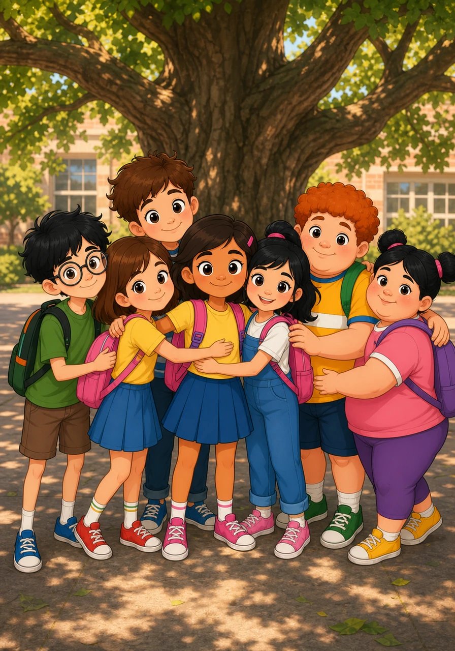 Standing beneath the spreading branches of the grand courtyard oak, Maya looked around at her thriving friends. She knew now that true health was not about fitting into a rigid mold, but about honoring each body's unique journey. With a confident smile, she embraced her friends, celebrating the strength and beauty of growing in their own wonderful ways.