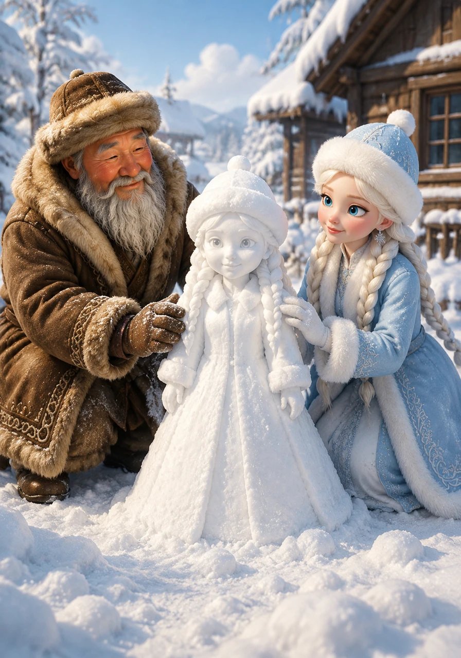 Once upon a time, an old man and an old woman lived in a quiet village, wishing they had a child to share their home. One winter morning, as the snow piled high, they decided to go outside and build a daughter made entirely of snow.