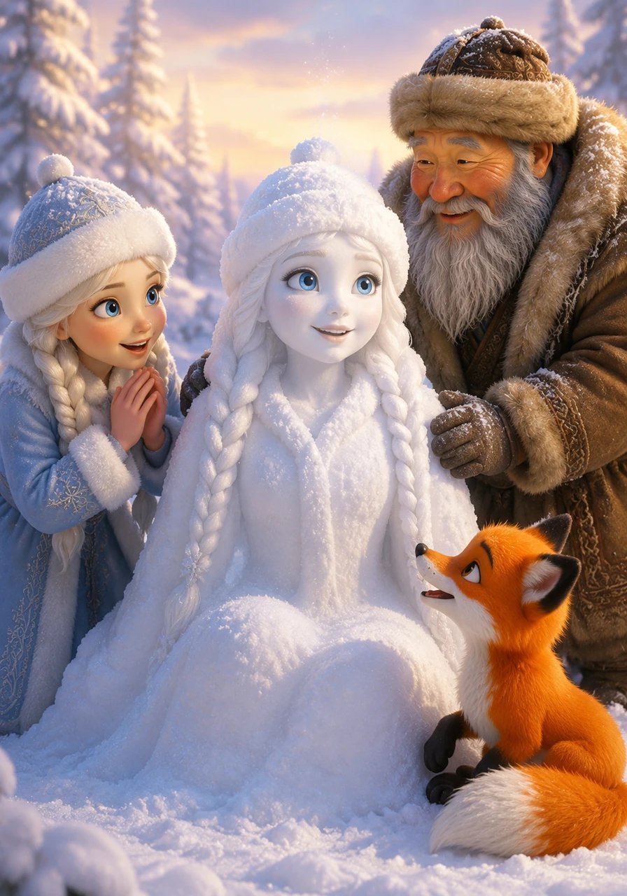 They worked together to shape the snow into a beautiful girl with a kind face and a gentle smile. Just as they finished their work, the snow girl miraculously opened her eyes and smiled back at them, coming to life before their very eyes.