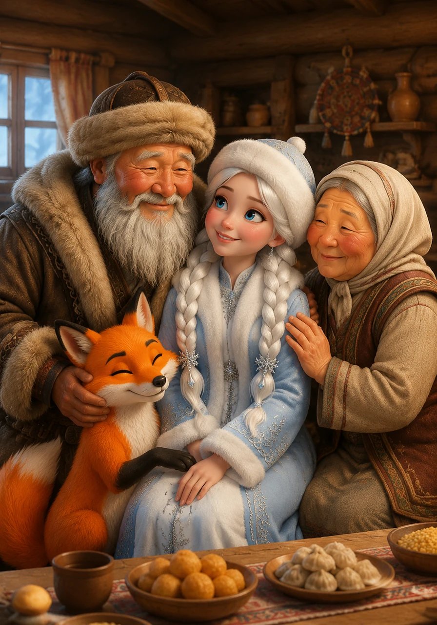 The old couple was overjoyed and named her Karshakyz, welcoming her into their warm home as their own beloved daughter. They lived together in perfect harmony, filling their days with laughter and the cozy comforts of family life.