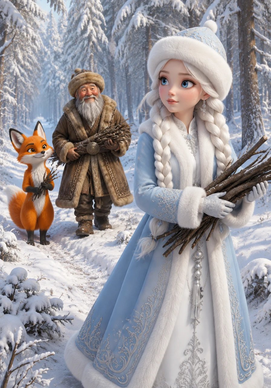 One day, Karshakyz went into the forest with her friends to gather fallen branches for the fireplace. She wandered deep into the woods, captivated by the beauty of the winter trees, and soon lost sight of her companions.