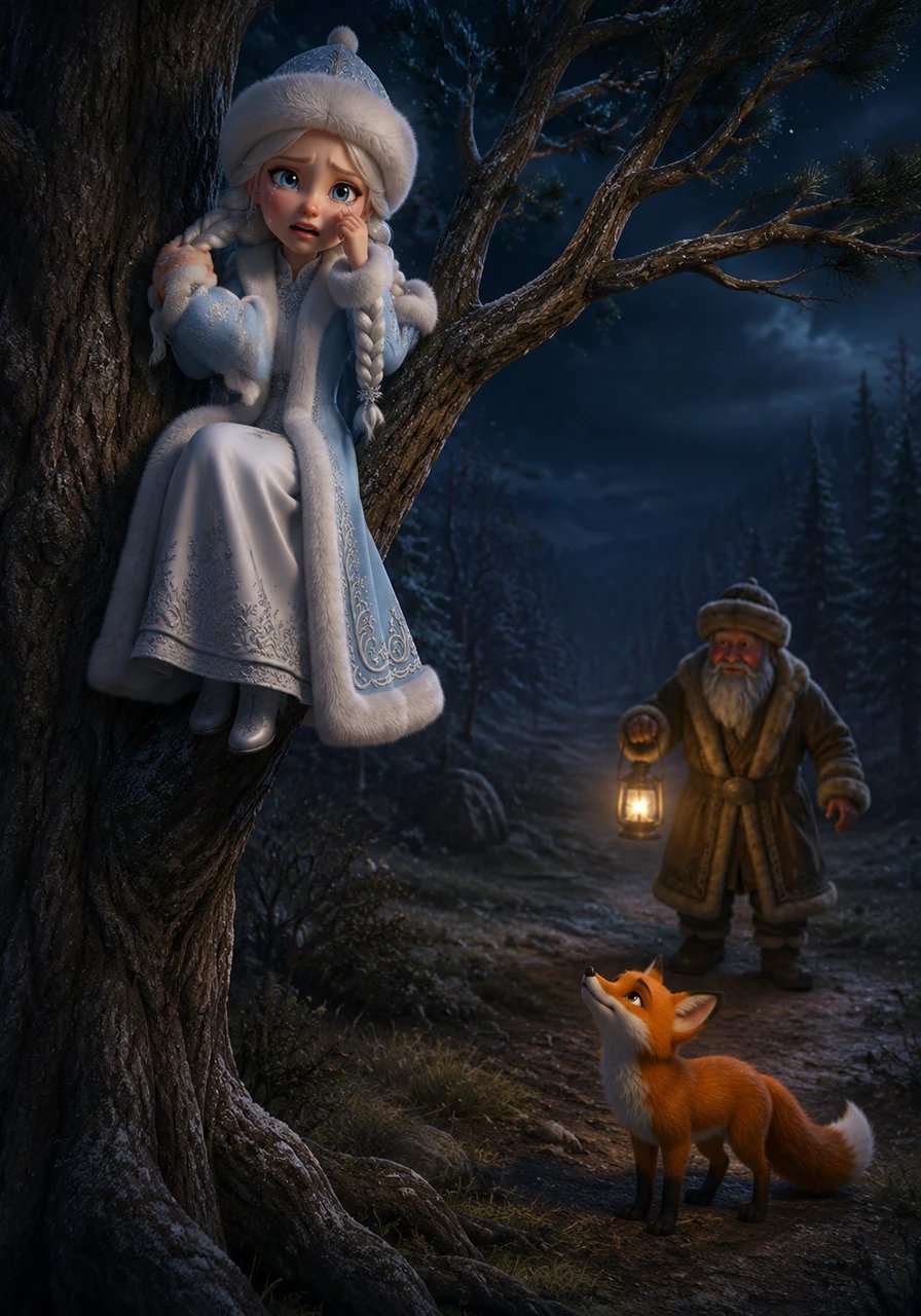 As darkness fell and the air grew cold, Karshakyz realized she was lost and became very frightened. She climbed a tall tree to stay safe from the shadows and began to cry, hoping someone would hear her calling for her parents.