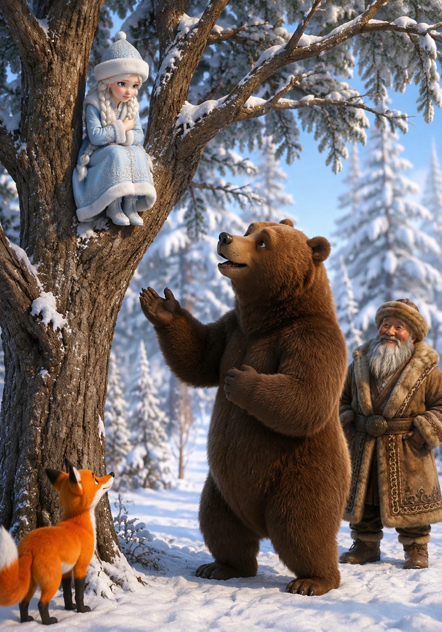 A large, lumbering bear happened to pass by and heard her sobbing, offering to carry her back to the village on his broad back. Karshakyz was too scared of the bear's size and strength, so she politely refused and stayed high in the tree.