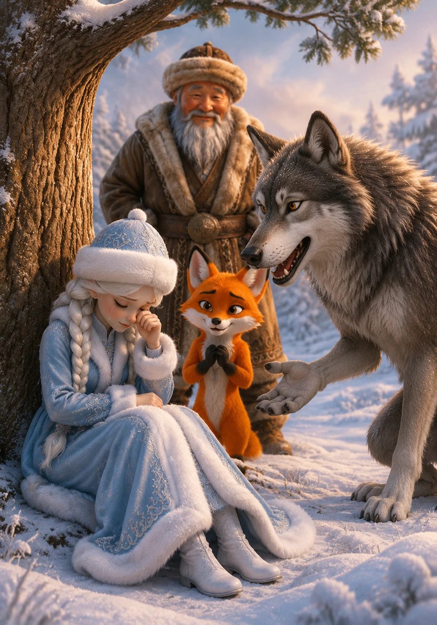 A little while later, a hungry-looking wolf stopped under the tree and asked why she was crying, offering his help to find her home. Fearful of the wolf's sharp teeth, Karshakyz shook her head and continued to weep, feeling more alone than ever.