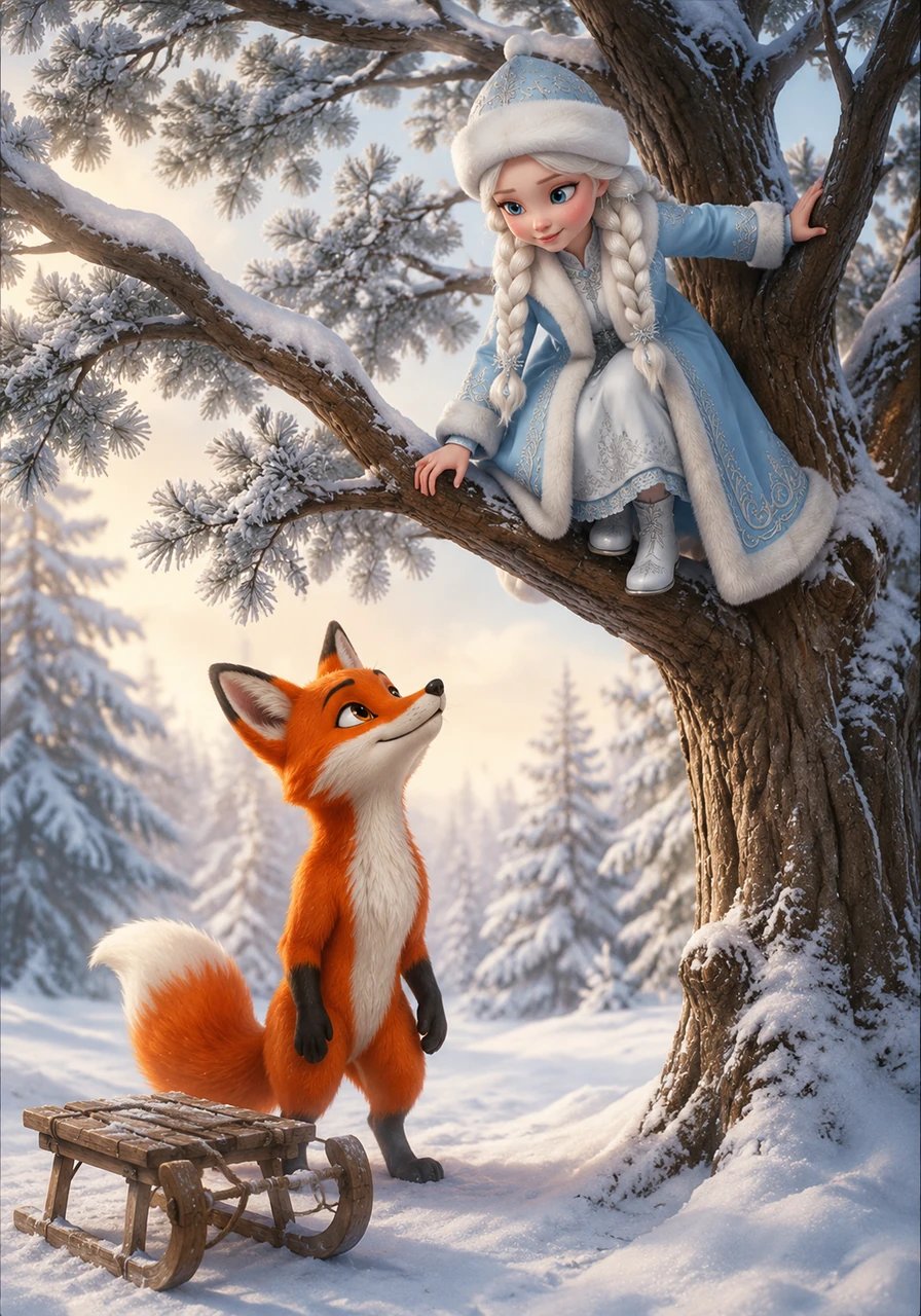Finally, a clever and friendly fox arrived with a small wooden sled and spoke to her with a soft, comforting voice. Sensing that the fox was truly kind and meant no harm, Karshakyz finally felt safe enough to climb down from her high perch.
