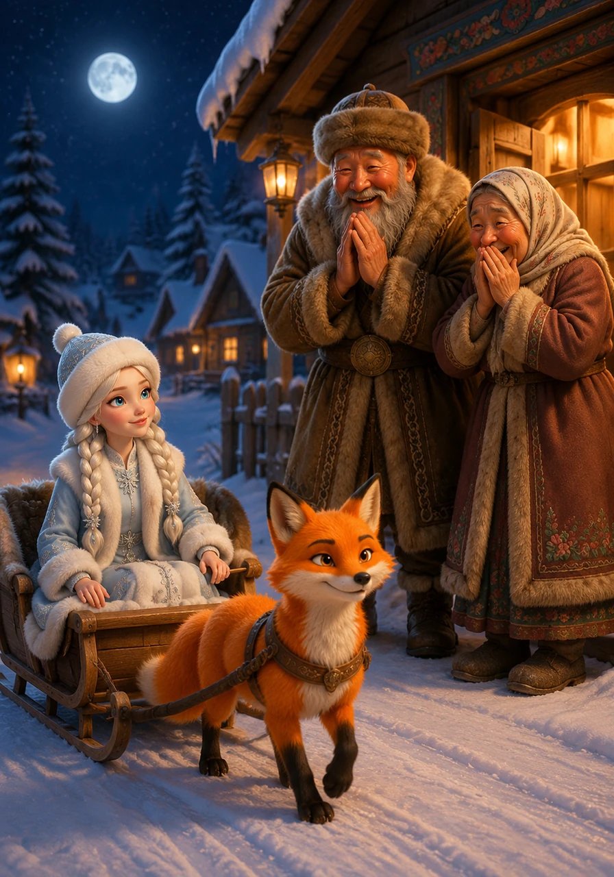 The fox helped Karshakyz onto the sled and pulled her quickly through the moonlit forest toward the lights of the village. When they reached the cottage, the old man and woman were moved to tears of joy to see their daughter return safe and sound.