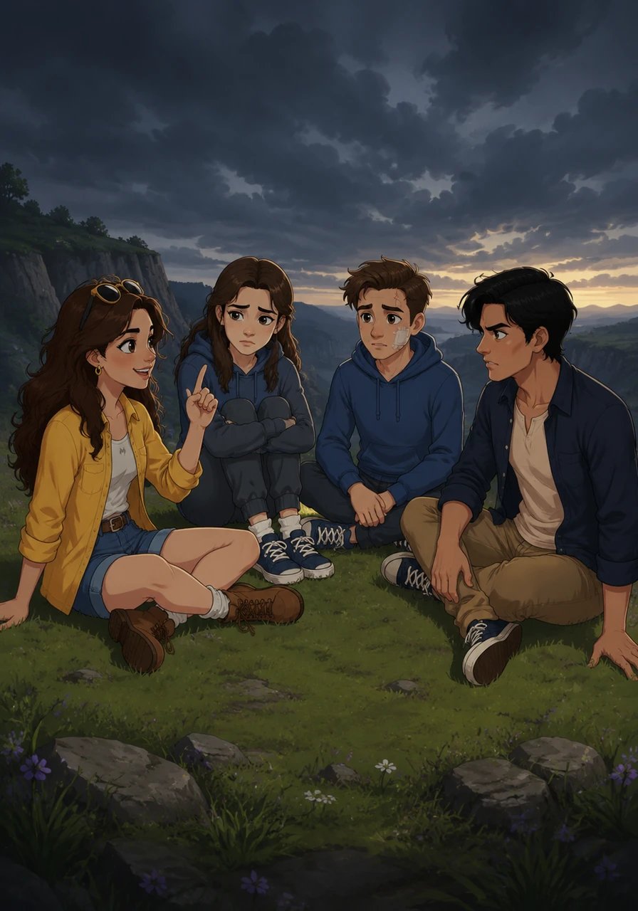 Gathering in a tight circle on the grassy ledge of Kalabato, Arealyn playfully suggests a game of truth to mark the special occasion. The lighthearted mood shifts swiftly as a sudden, heavy tension settles over the group. Everyone sits motionless under the darkening sky, sensing that long-kept secrets are about to surface.