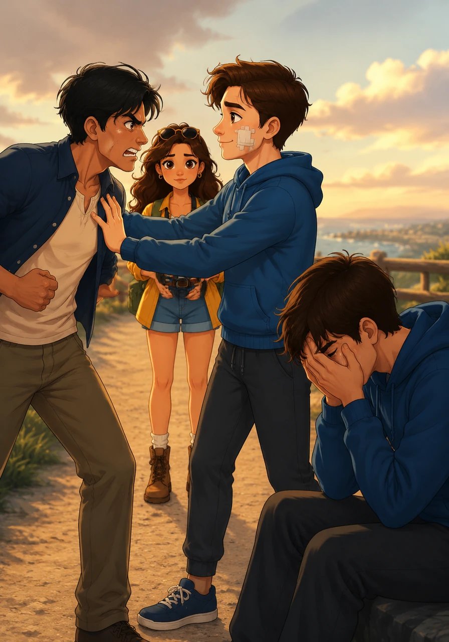 Overwhelmed by sudden fury and betrayal, Charles lunges toward Vince with clenched fists. Before he can strike, Nico steps firmly between them and gently holds Charles back. Looking down at the weeping driver, Nico offers a soft, quiet smile, choosing grace and forgiveness over vengeance.