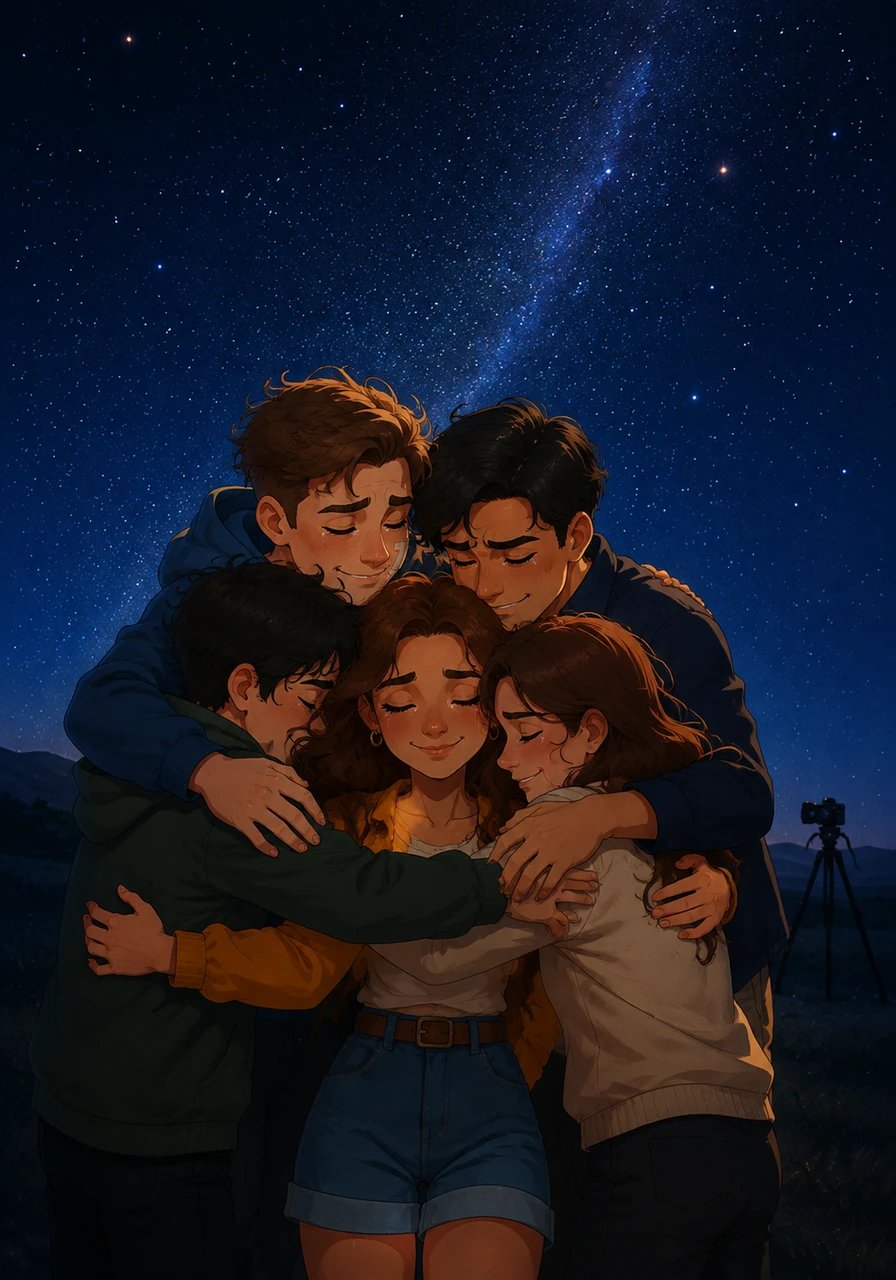 Sthea hurries back into the group as they pull one another into a tight, tearful embrace beneath the star-filled sky. In the distance, the camera shutter clicks, capturing five flawed friends healing their wounds and rebuilding their scattered vows.