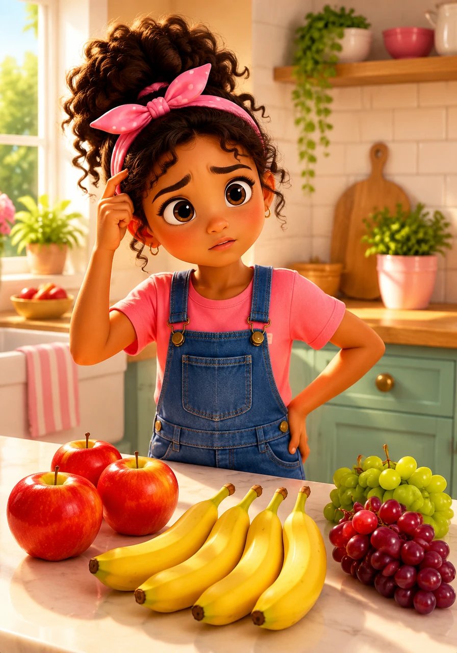 Lola stands in the brightly lit kitchen, busy preparing an afternoon snack for her four younger siblings. She carefully counts out three apples, four bananas, and two bunches of grapes, but stops in confusion as she searches for the missing oranges.