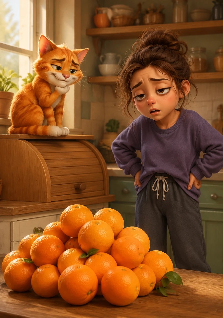 Perched near the breadbox, a clever ginger cat watches Lola's confusion from a distance. The cat scoffs at how she can't see the oranges right in front of her, while Lola sighs, assuming her extreme exhaustion is making her hear her own subconscious mind speaking.