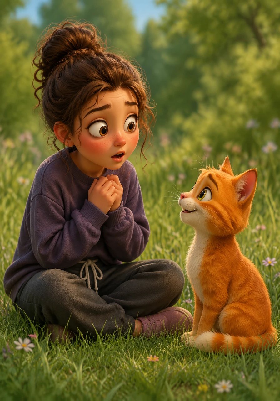 Mara blushes in complete shock as the ginger cat speaks directly to her, introducing himself politely and asking how she is doing. The two sit together in the lush green grass, starting a very long and unusual conversation between a girl and a cat.
