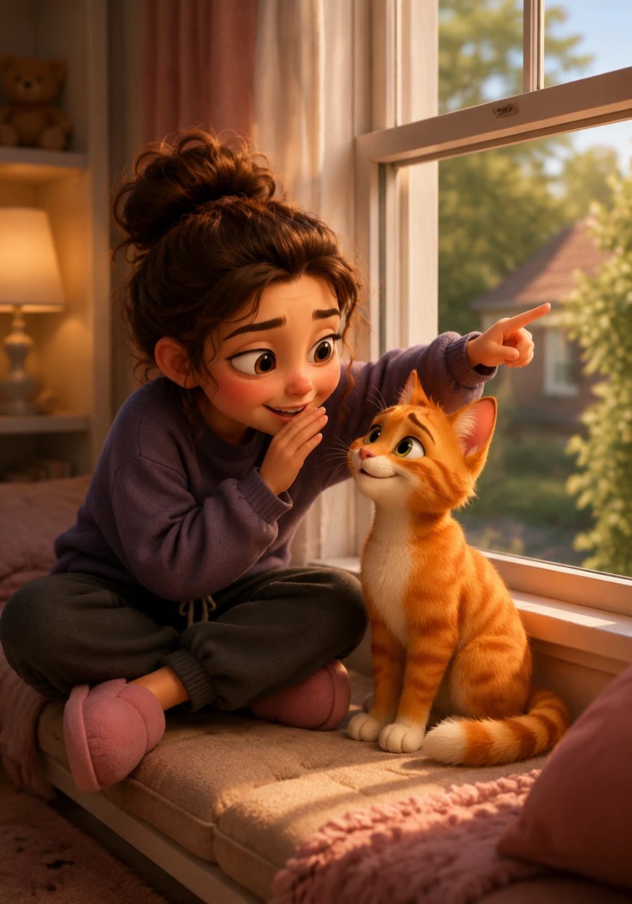 After a lengthy chat, Mara and the ginger cat happily devise a secret plan together. Mara promises that during lunchtime tomorrow, she will leave the second-floor window wide open so he can finally visit his crush.